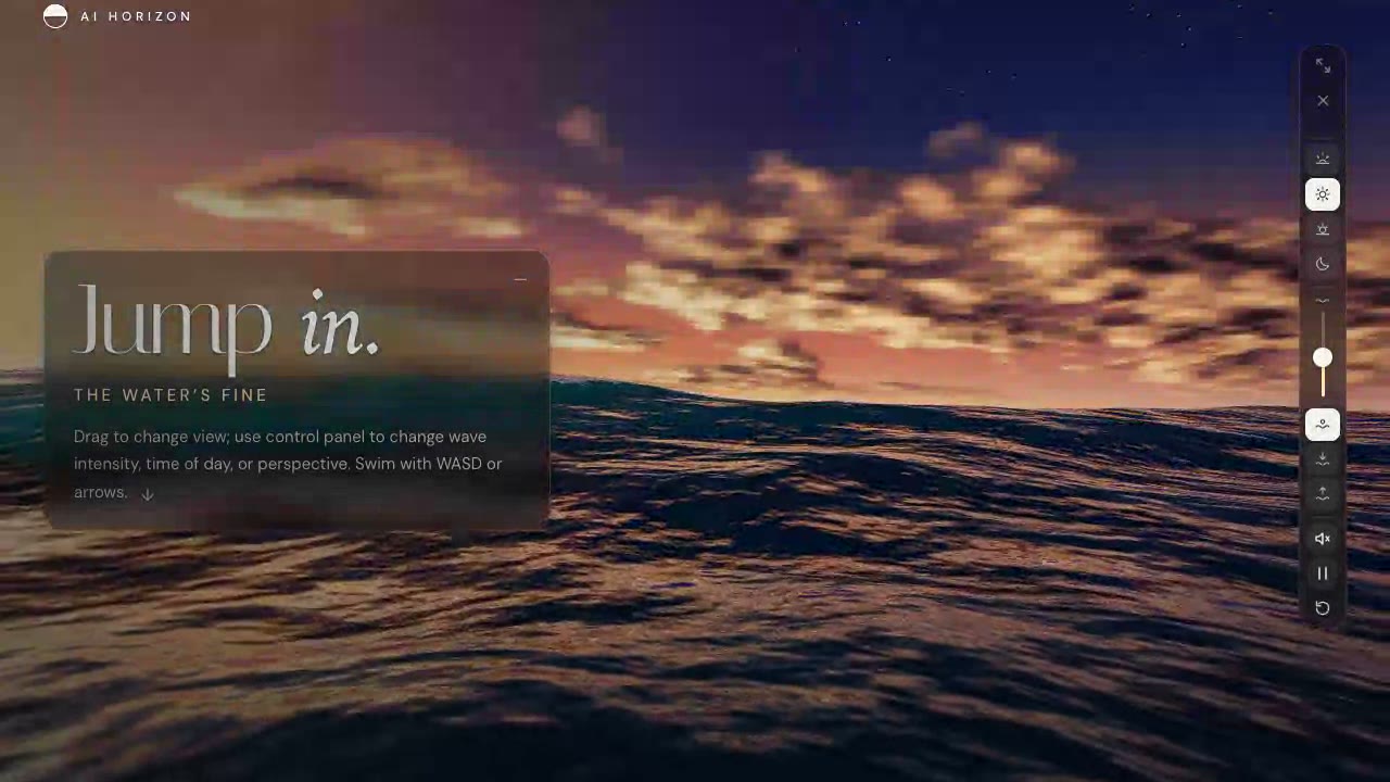 An open ocean at golden hour seen from eye level, with a glass card that reads Jump in and a slim column of controls at the right