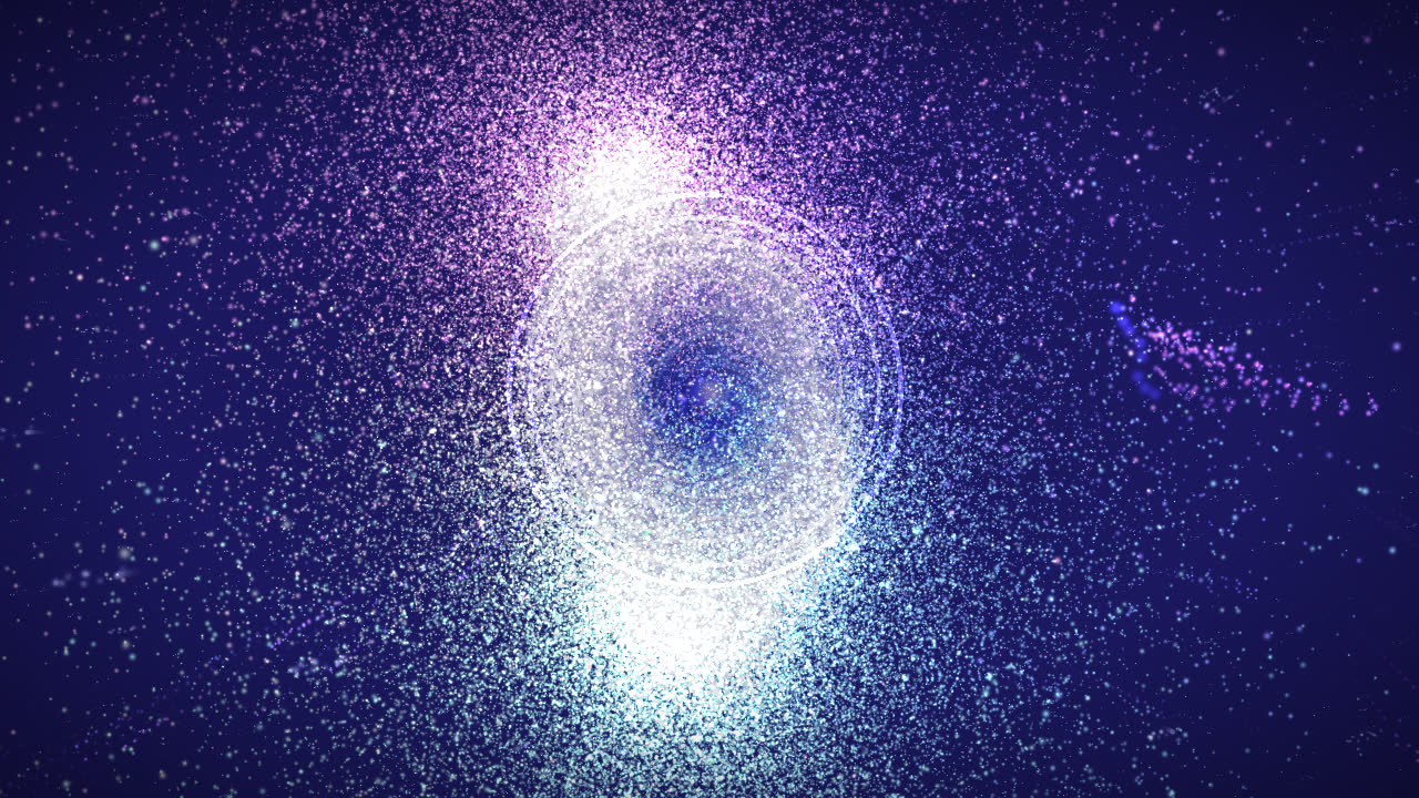 Thirty thousand glowing particles bursting outward from a bright center in violet, cyan and white, with a thin shockwave ring and a field of stars behind