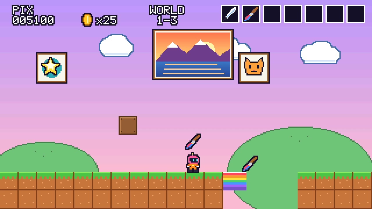 Pix, a pixel-art robot with a pink helmet, stands beside a rainbow bridge under framed paintings of a mountain sunset, a star logo and a cat