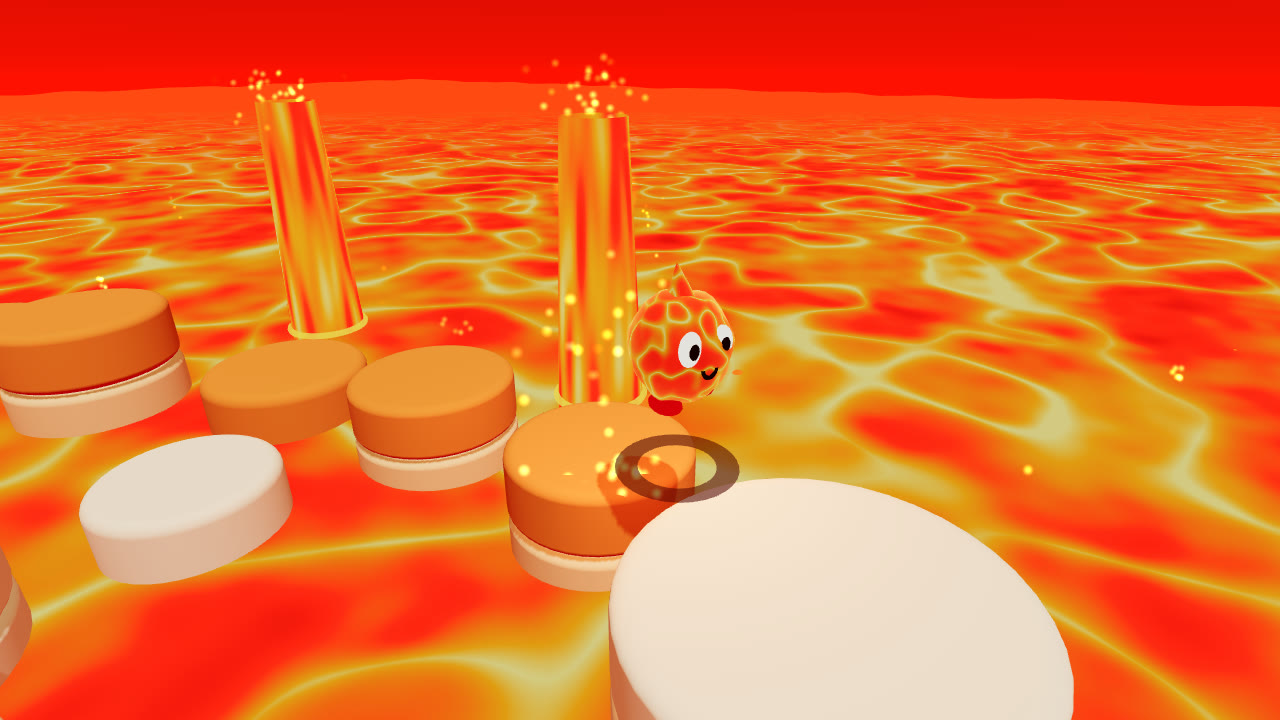 A round lava creature with big eyes hops across toasted marshmallow stacks on a glowing lava sea, with two lava geysers erupting behind it