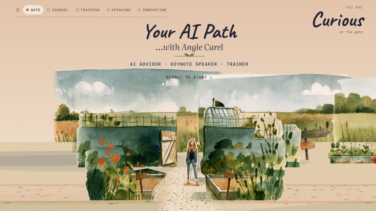 A watercolor garden gate with Angie standing at the entrance, under the title Your AI Path