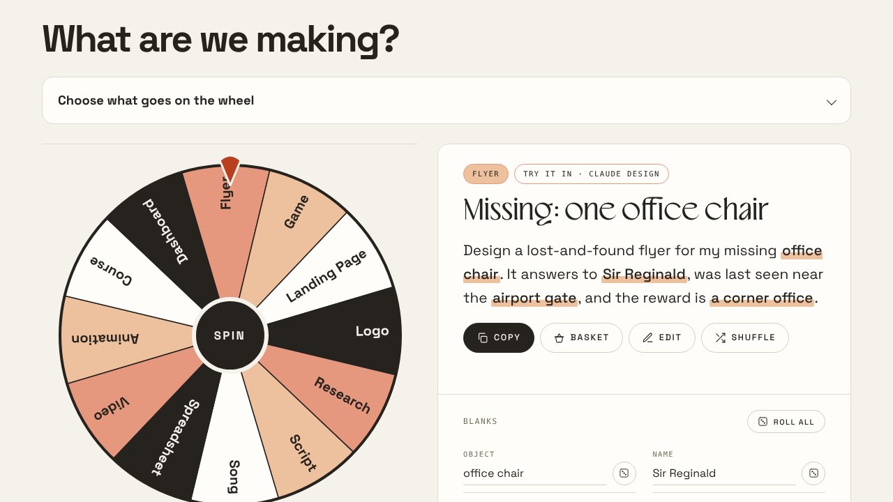 A spinning prize wheel of things to make with AI, landed on Flyer, beside a fill-in-the-blank prompt for a lost-and-found flyer