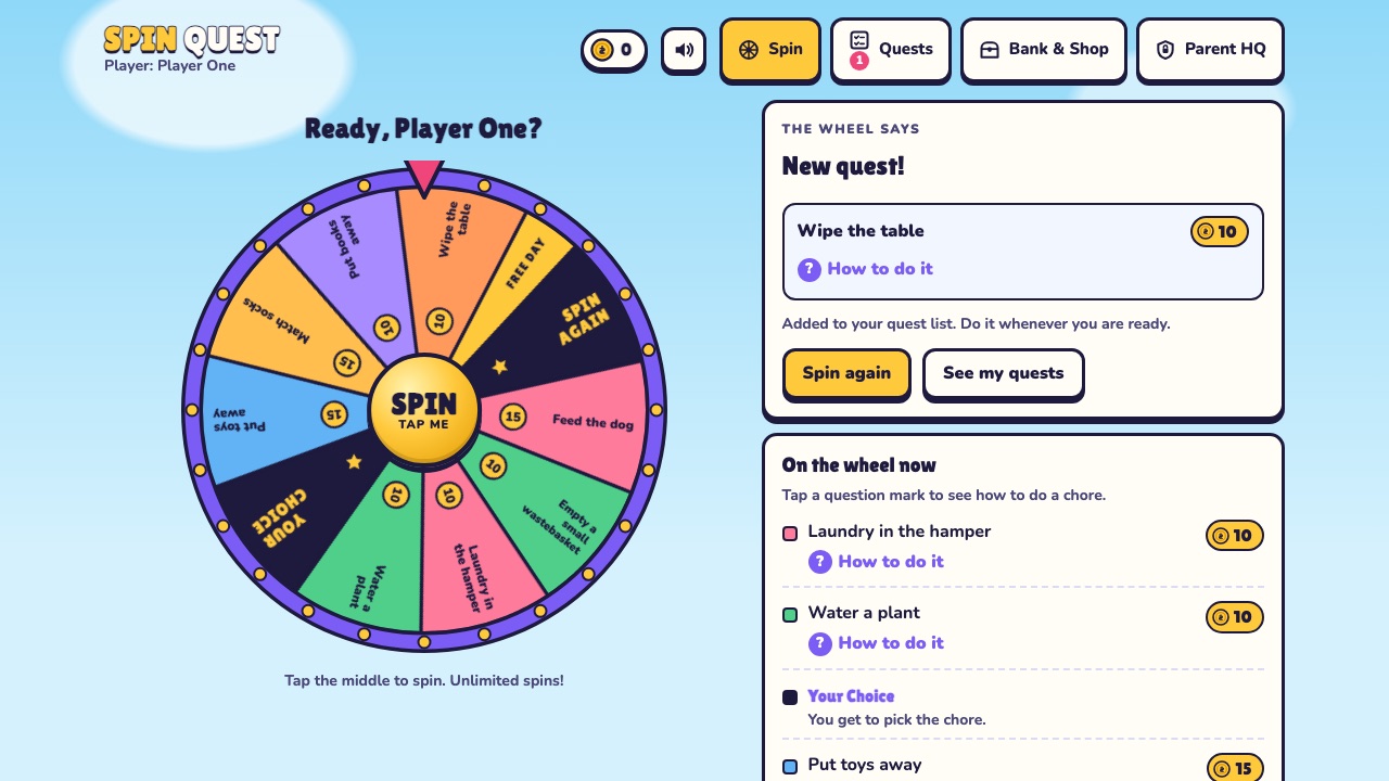 A carnival-style chore wheel landed on Wipe the table, worth 10 Quest Bucks, beside the list of chores on the wheel