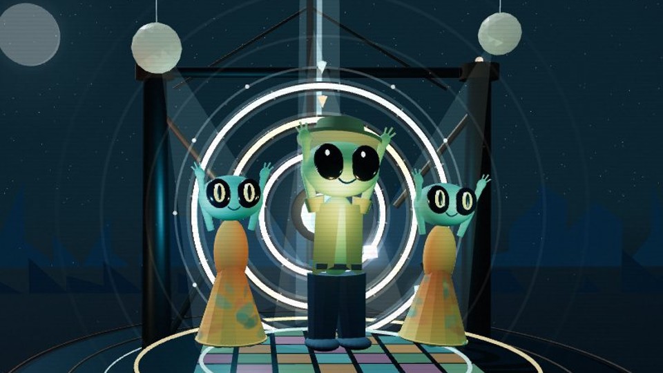 Three teal aliens with oversized eyes dancing under glowing antenna rings