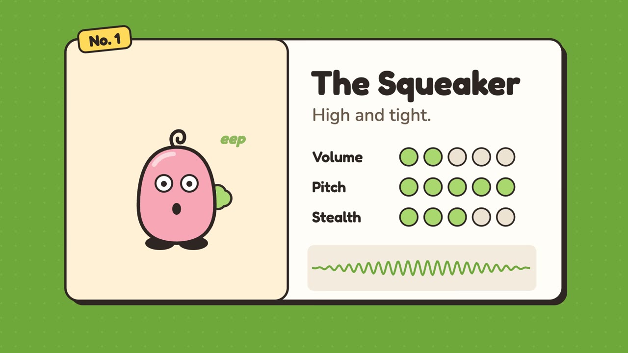A pink cartoon character on a field-guide card titled The Squeaker, rated for volume, pitch and stealth